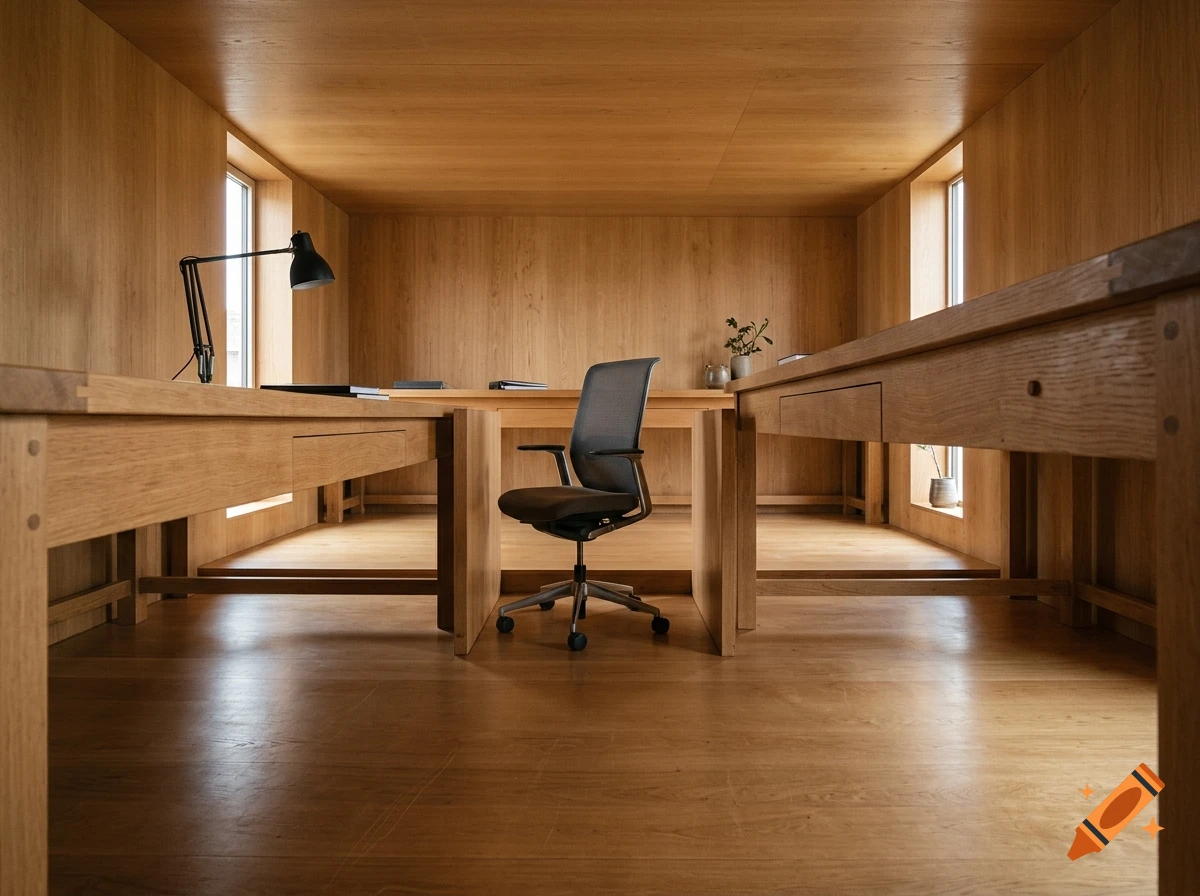 A photorealistic room entirely made of wood, featuring a central rolling office chair and desk structures resembling a large table.