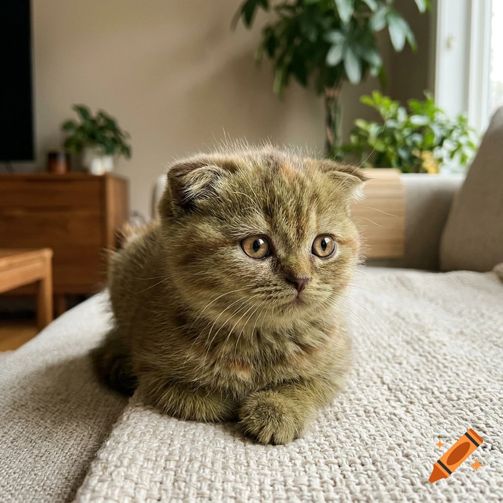 Close-up photograph of a cute folded-ear kitten sitting on a knitted blanket indoors.
