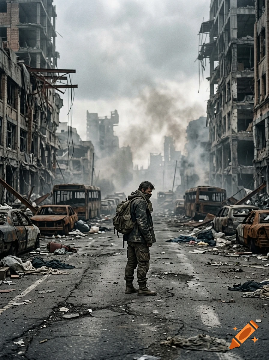 Photorealistic shot of a lone survivor walking down a ruined city street filled with rubble and destroyed vehicles under a cloudy sky.
