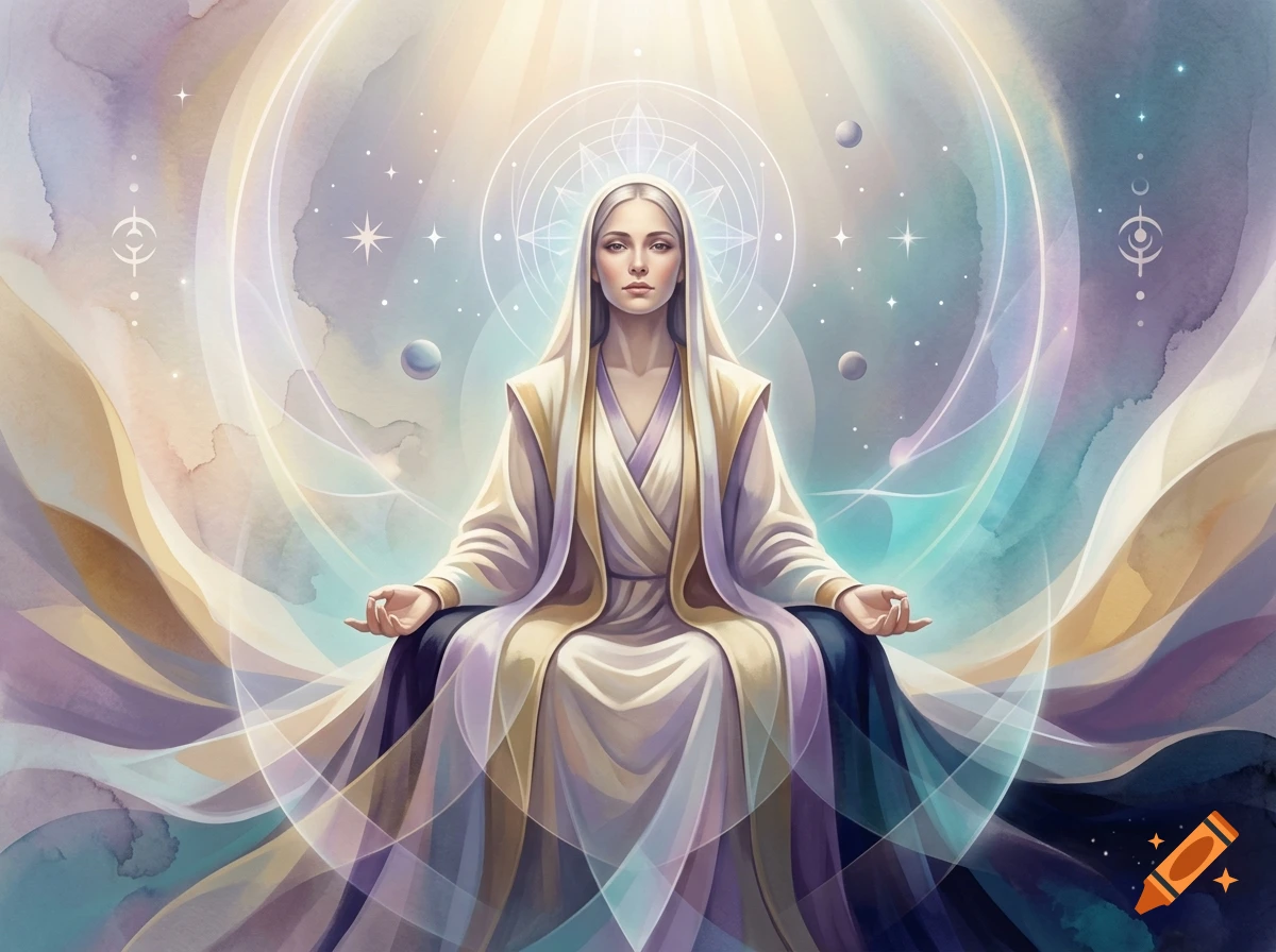 Watercolor painting of a high priestess in meditation, surrounded by celestial and geometric elements in a luminous aura.