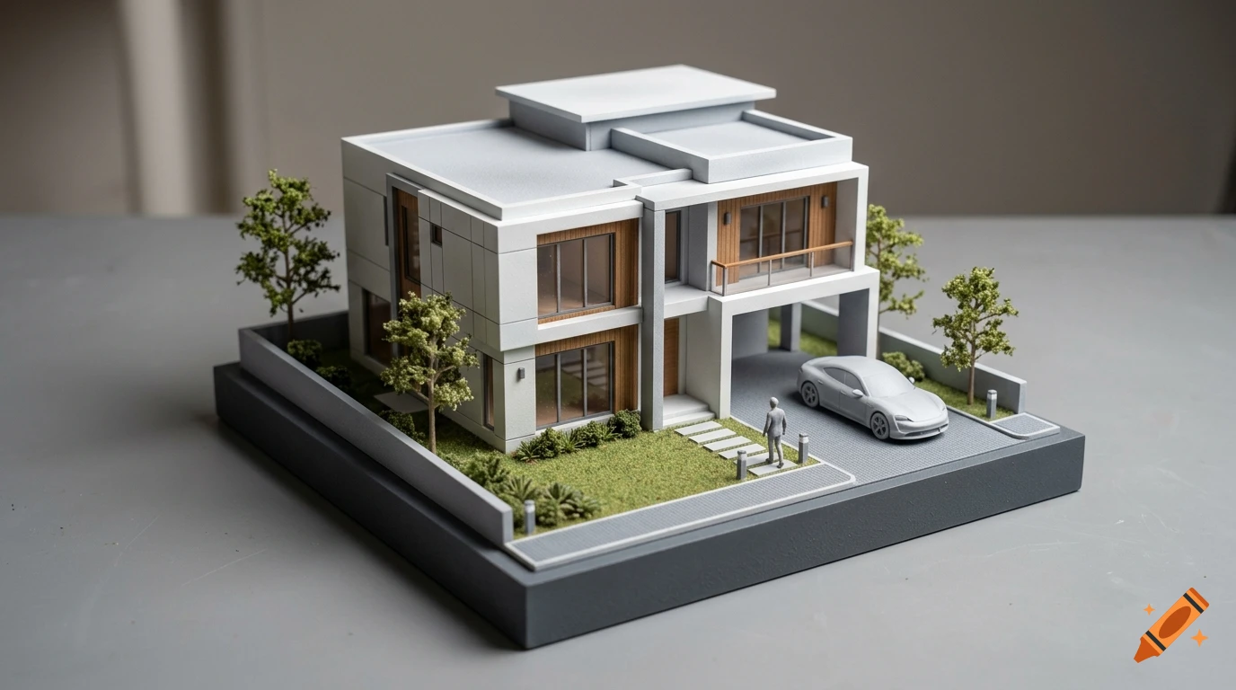 Miniature architectural model of a modern two-story house with a driveway, car, and tiny person, on a grey base.