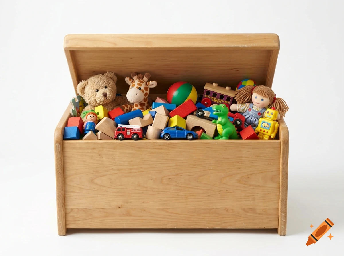 An open wooden toy chest filled with various colorful toys, stuffed animals, and wooden blocks against a white background.