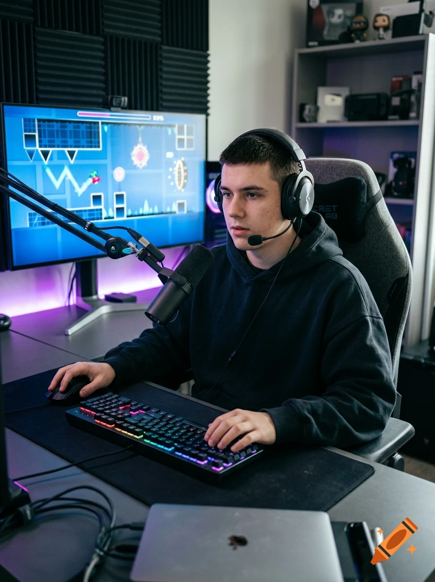 A young male streamer wearing a black hoodie and headphones, sitting at a desk with a microphone and monitors displaying a game.