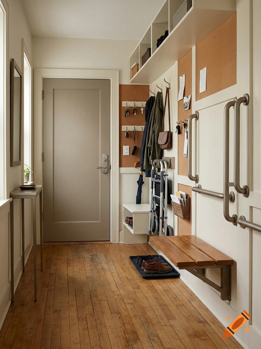 An organized entryway with hardwood flooring, a gray front door, a wooden bench with grab bars, and coat hooks.