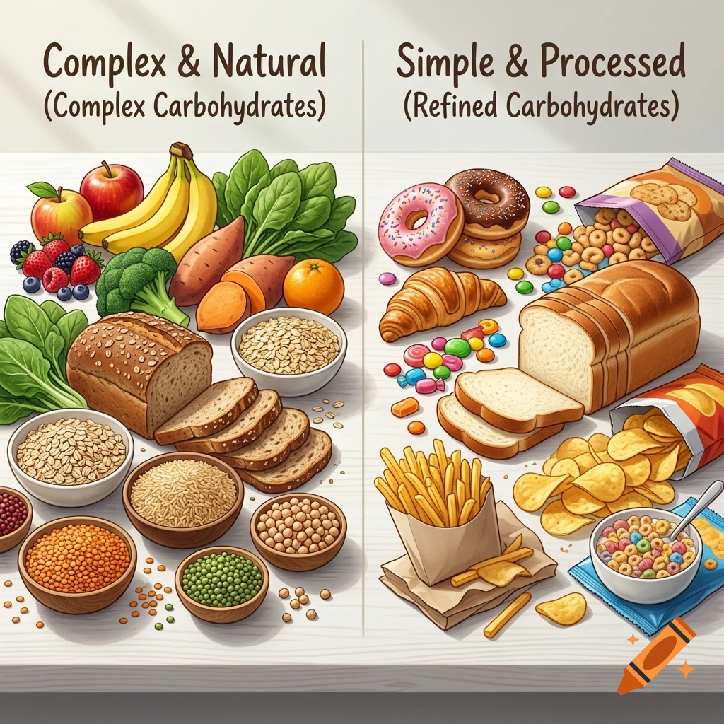 Educational illustration comparing complex natural carbohydrates and simple processed carbohydrates with various foods.