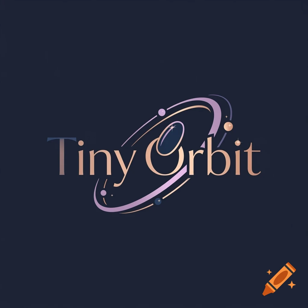 A logo design featuring the text Tiny Orbit with orbiting rings and planets in purple and gold tones on a dark background.