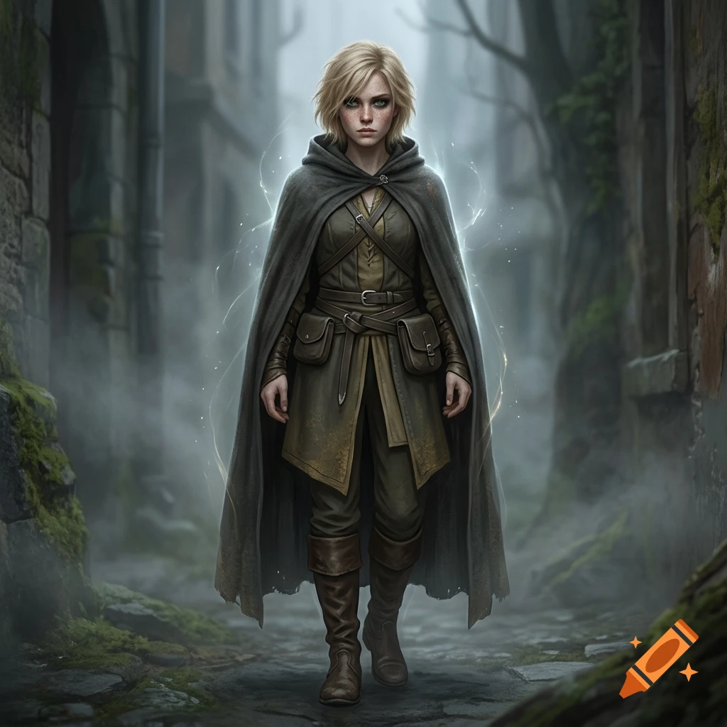 A fantasy digital painting of a young rogue with pale freckled skin, short blonde hair, green eyes, and a dark hooded cloak, walking down a foggy alley.