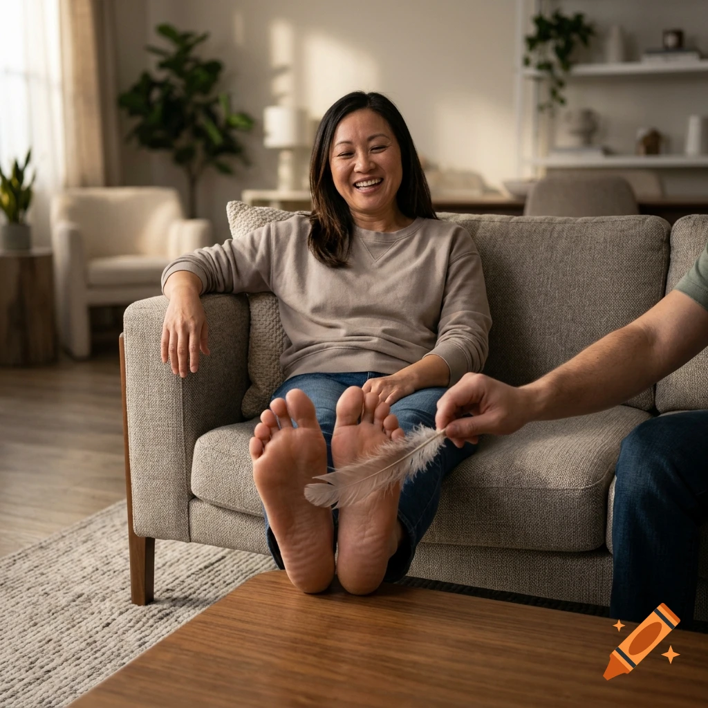 Photorealistic image of an Asian woman laughing on a couch while someone tickles her bare feet with a feather.