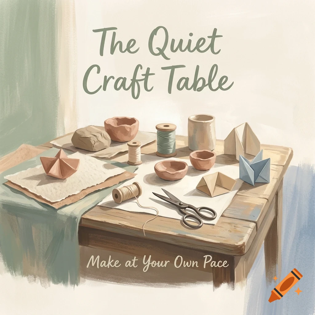 A painted illustration of a wooden craft table with clay bowls, spools of thread, scissors, and paper crafts, featuring text that reads The Quiet Craft Table.