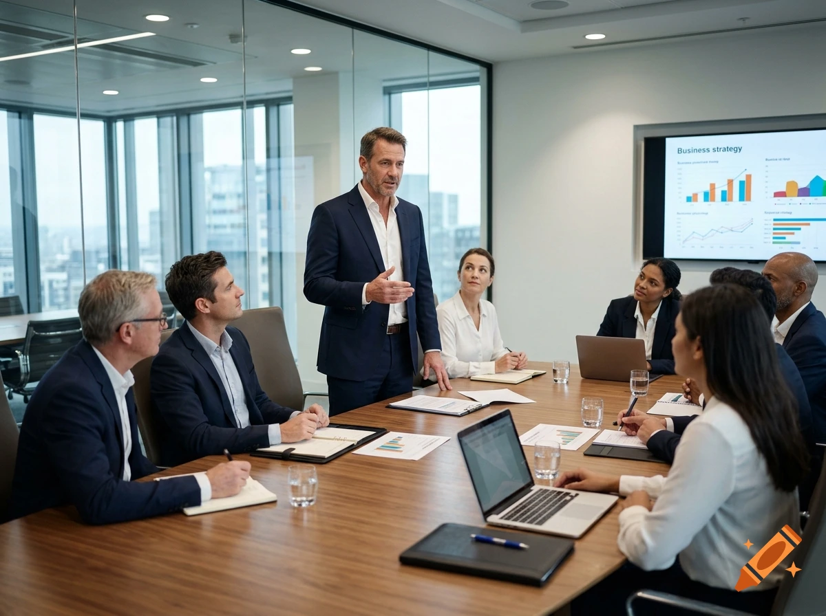Photorealistic image of a CEO standing and leading a business meeting in a modern conference room.