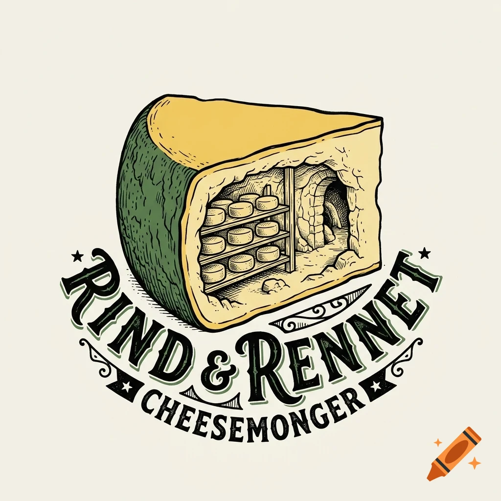 An illustrated logo featuring a wedge of cheese with a cave-like cheese cellar carved inside, surrounded by lettering reading Rind & Rennet Cheesemonger.