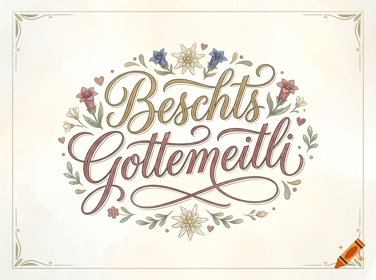 Decorative hand-lettered calligraphy reading 'Beschts Gottemeitli' surrounded by vintage botanical illustrations and flowers on a cream background.
