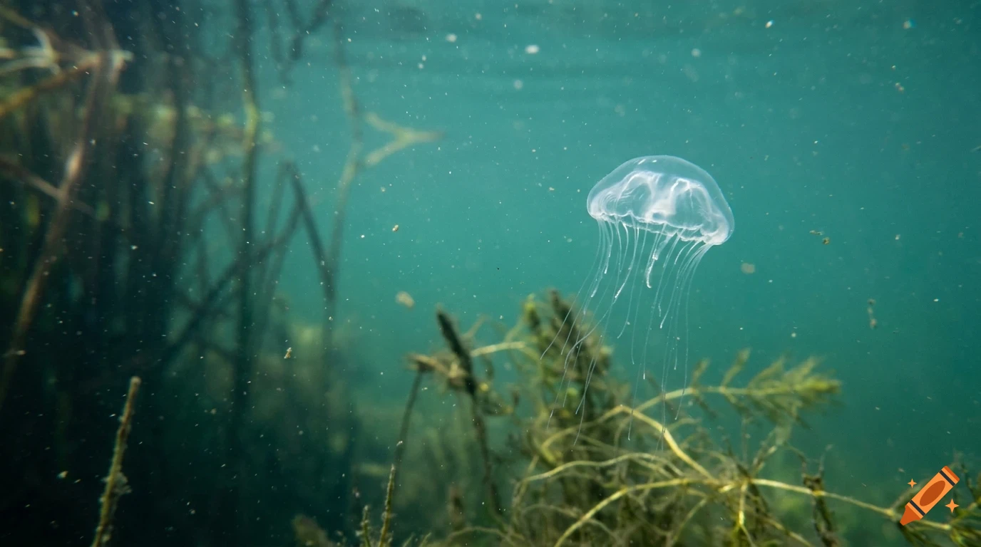 A translucent jellyfish swims in green underwater waters near aquatic plants and roots.