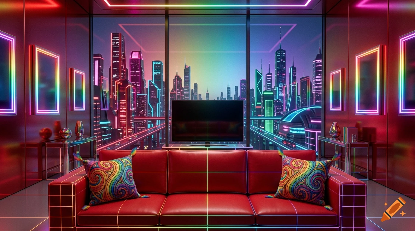 Futuristic penthouse suite with a red couch, RGB light grid lines, and a large window overlooking a glowing cyberpunk city.