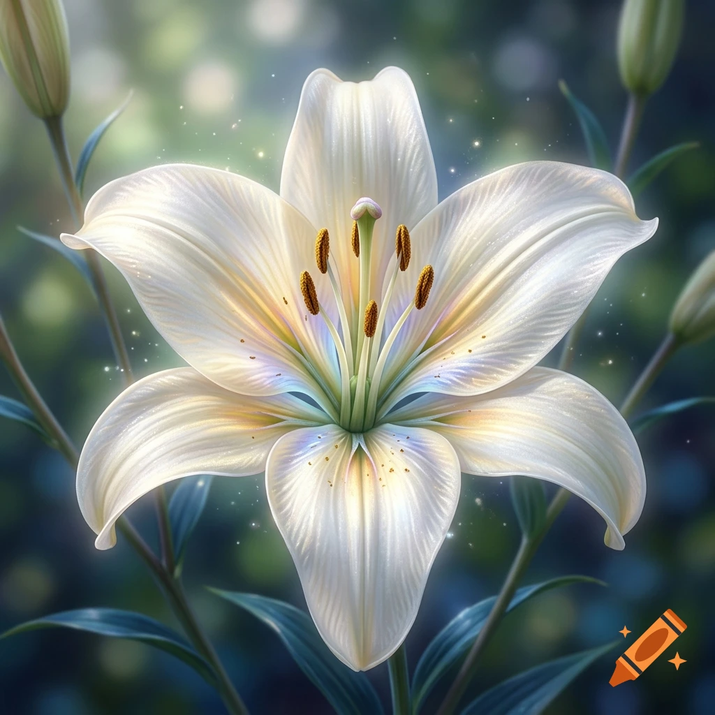 Close-up realistic illustration of a glowing white Asiatic lily with soft bokeh background.
