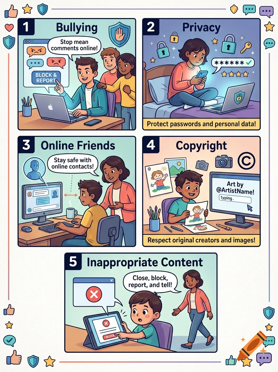 Five-panel comic illustration teaching children about online safety, bullying, privacy, online friends, copyright, and inappropriate content.