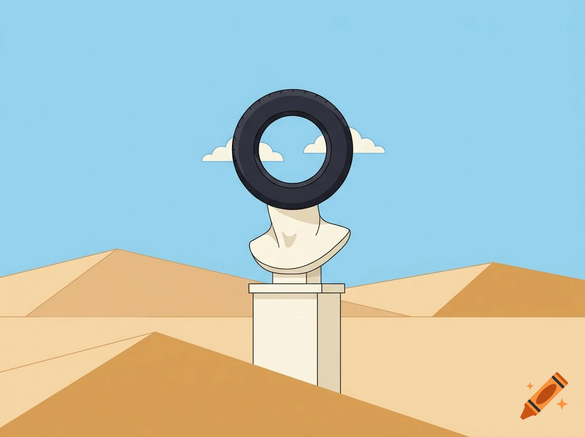 Minimalist flat vector illustration of a marble bust with a tire replacing the head in an empty desert with sand dunes and blue sky.