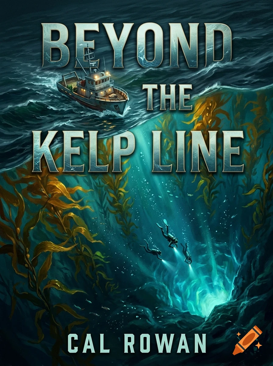 Book cover illustration featuring a fishing boat on the stormy ocean surface and scuba divers exploring underwater kelp forests below.