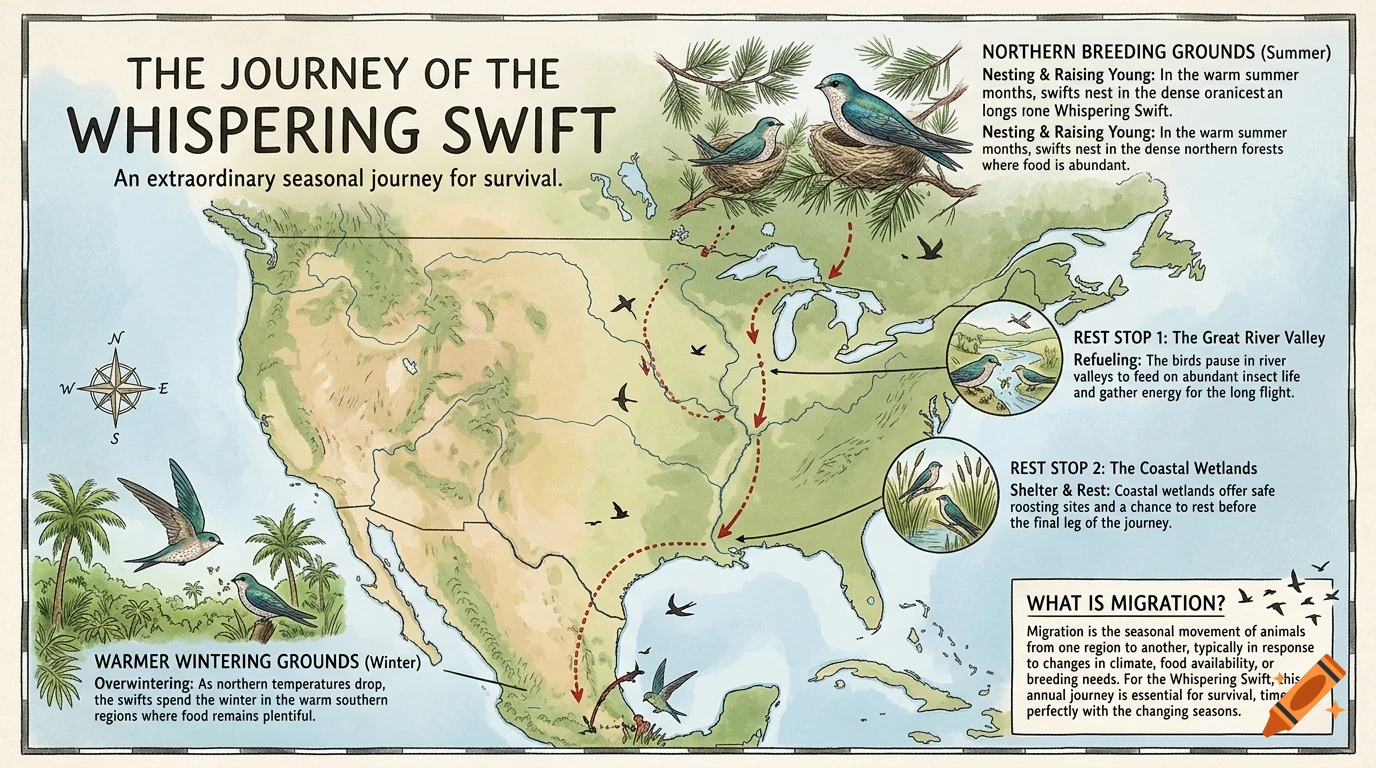 An illustrated map showing the migration journey of the whispering swift across North America, featuring birds, geographic waypoints, and explanatory text.