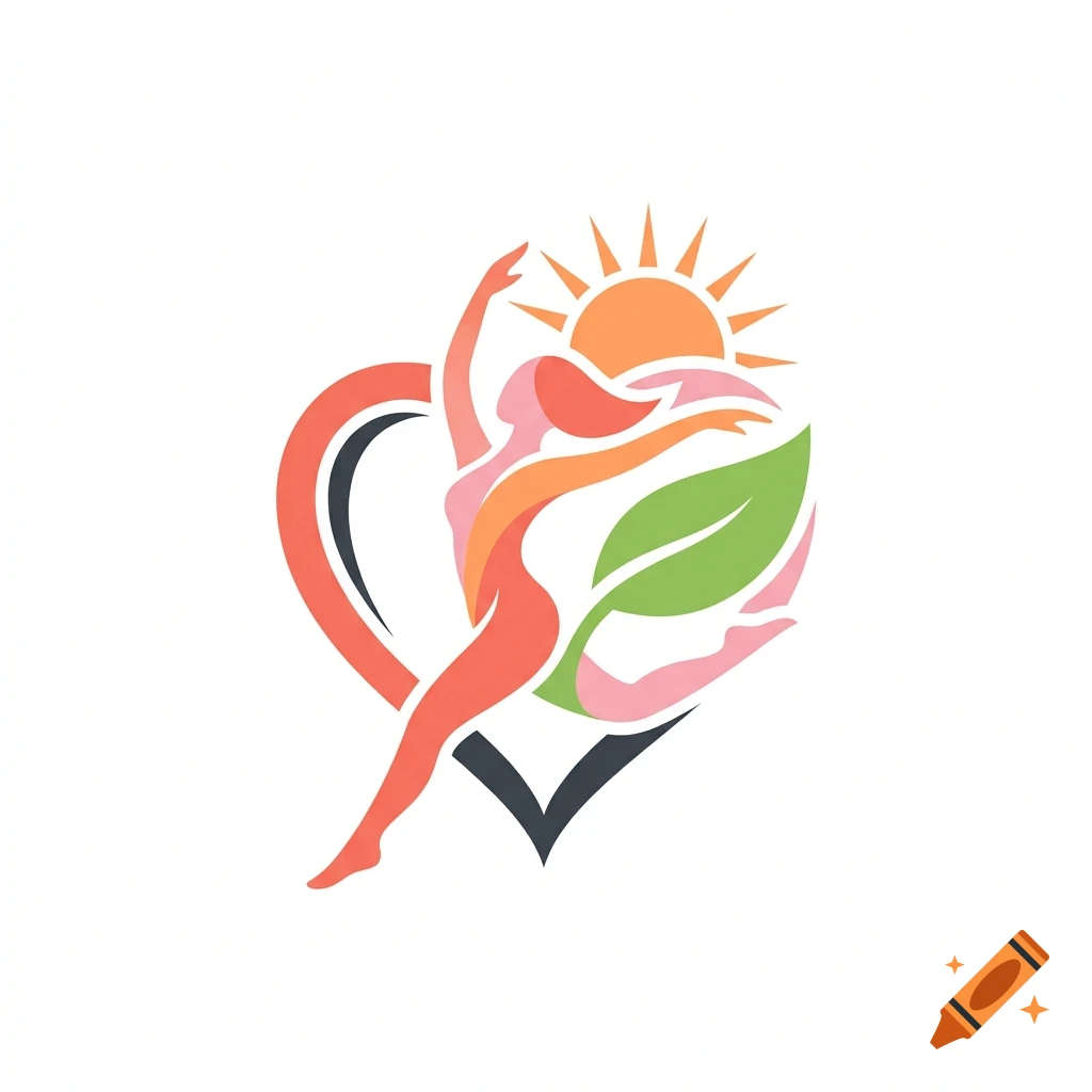 Colorful vector logo featuring a stylized female figure, a heart shape, a leaf, and a rising sun.