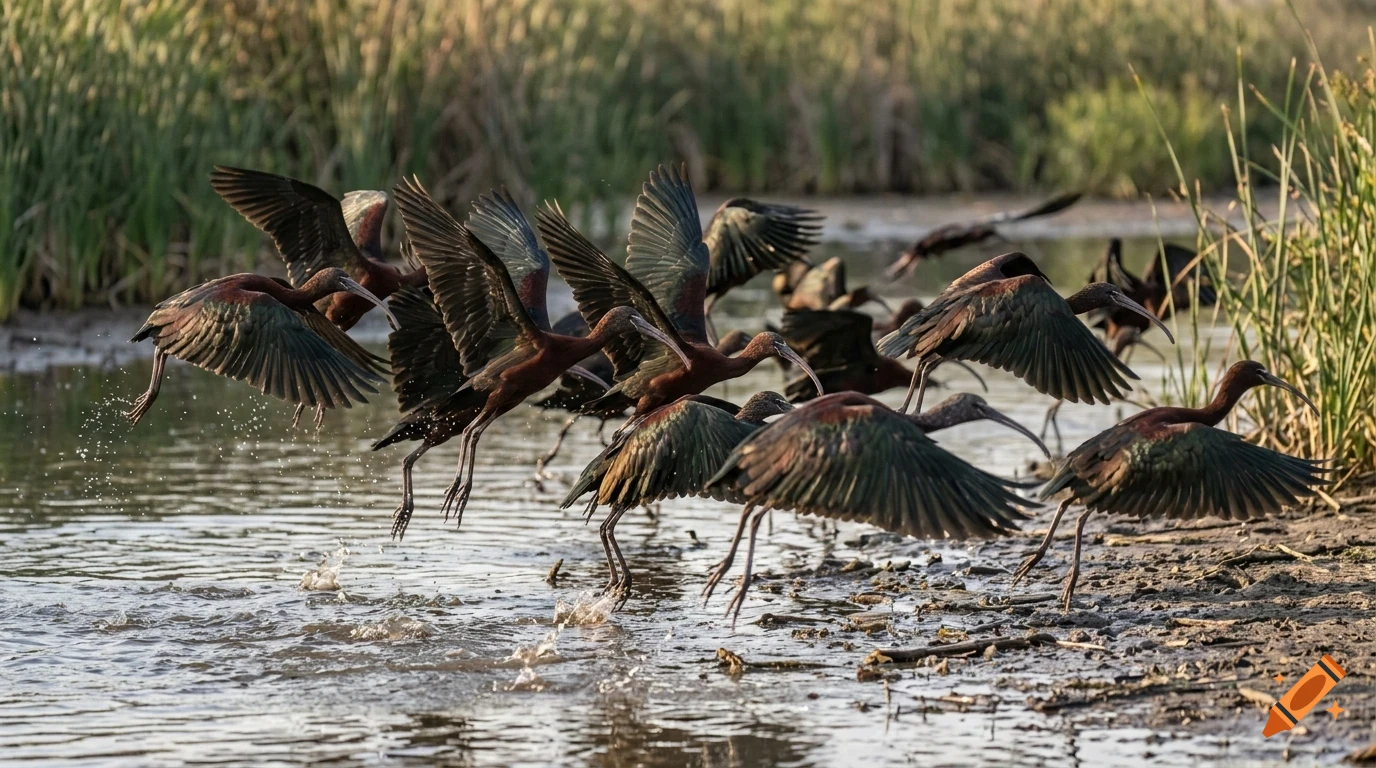 A flock of dark ibises taking flight from a shallow wetland area with tall reeds.