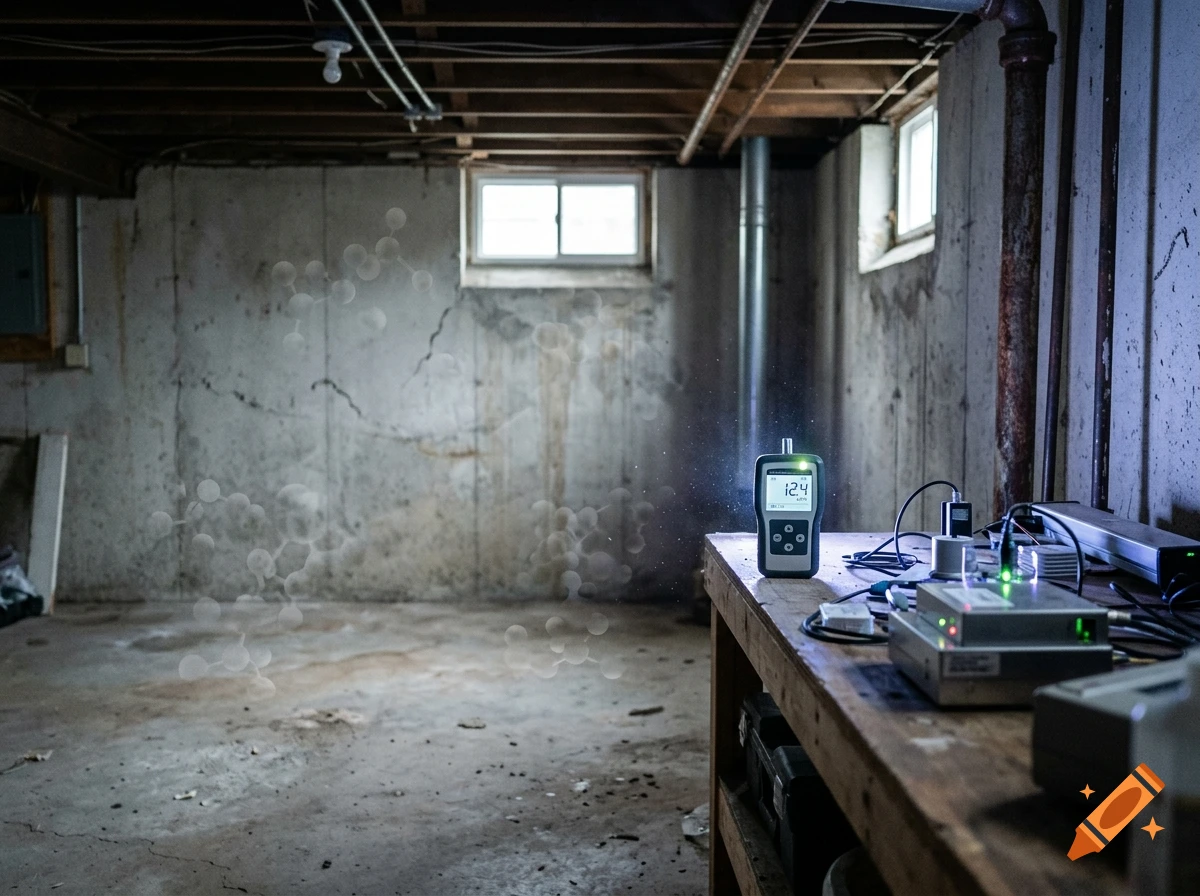 Photorealistic basement with a radon detector on a wooden workbench displaying a reading alongside floating chemical molecule diagrams.