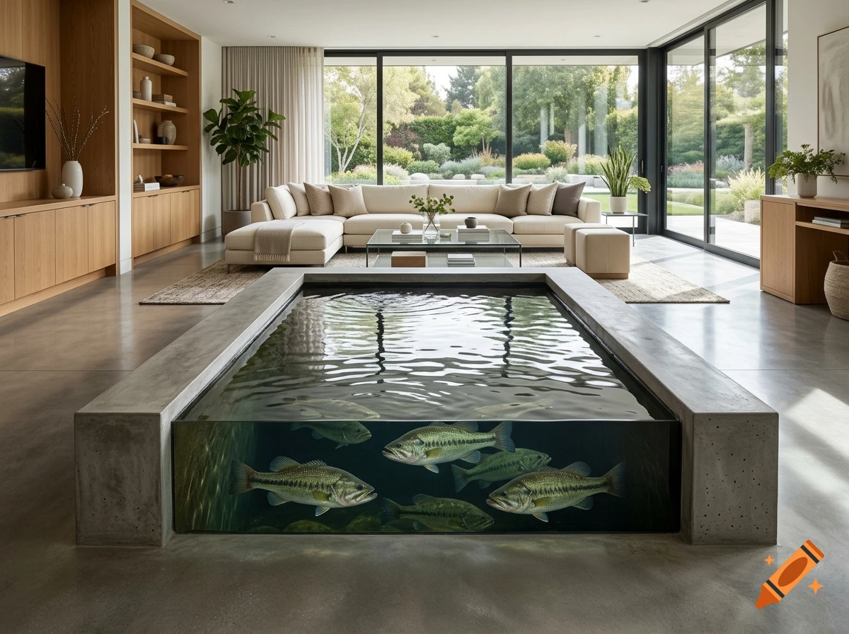 Photorealistic upscale living room with a concrete indoor pool featuring largemouth bass swimming inside.