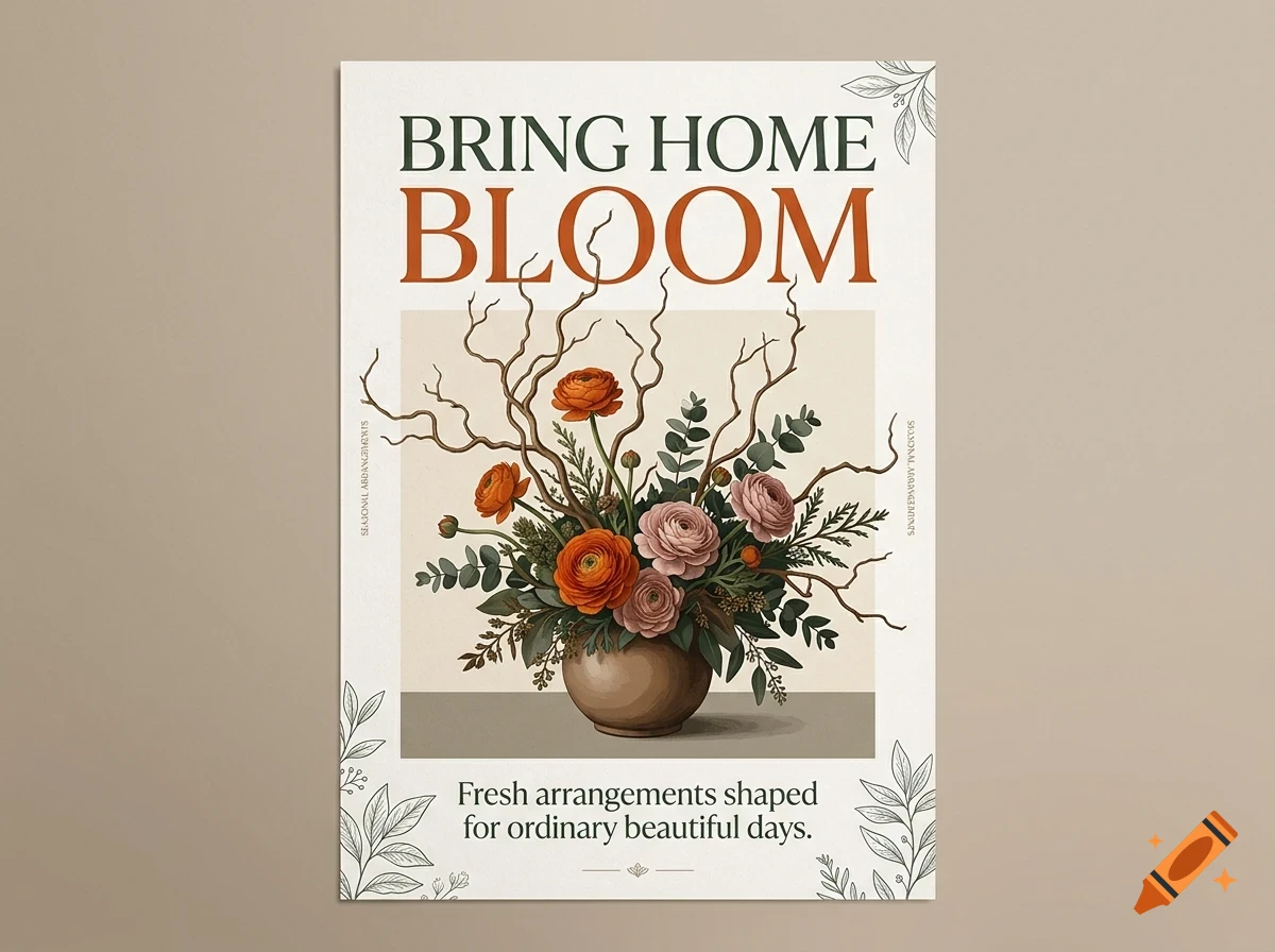 A vertical poster featuring a floral arrangement in a pot with the text BRING HOME BLOOM and descriptive text below.