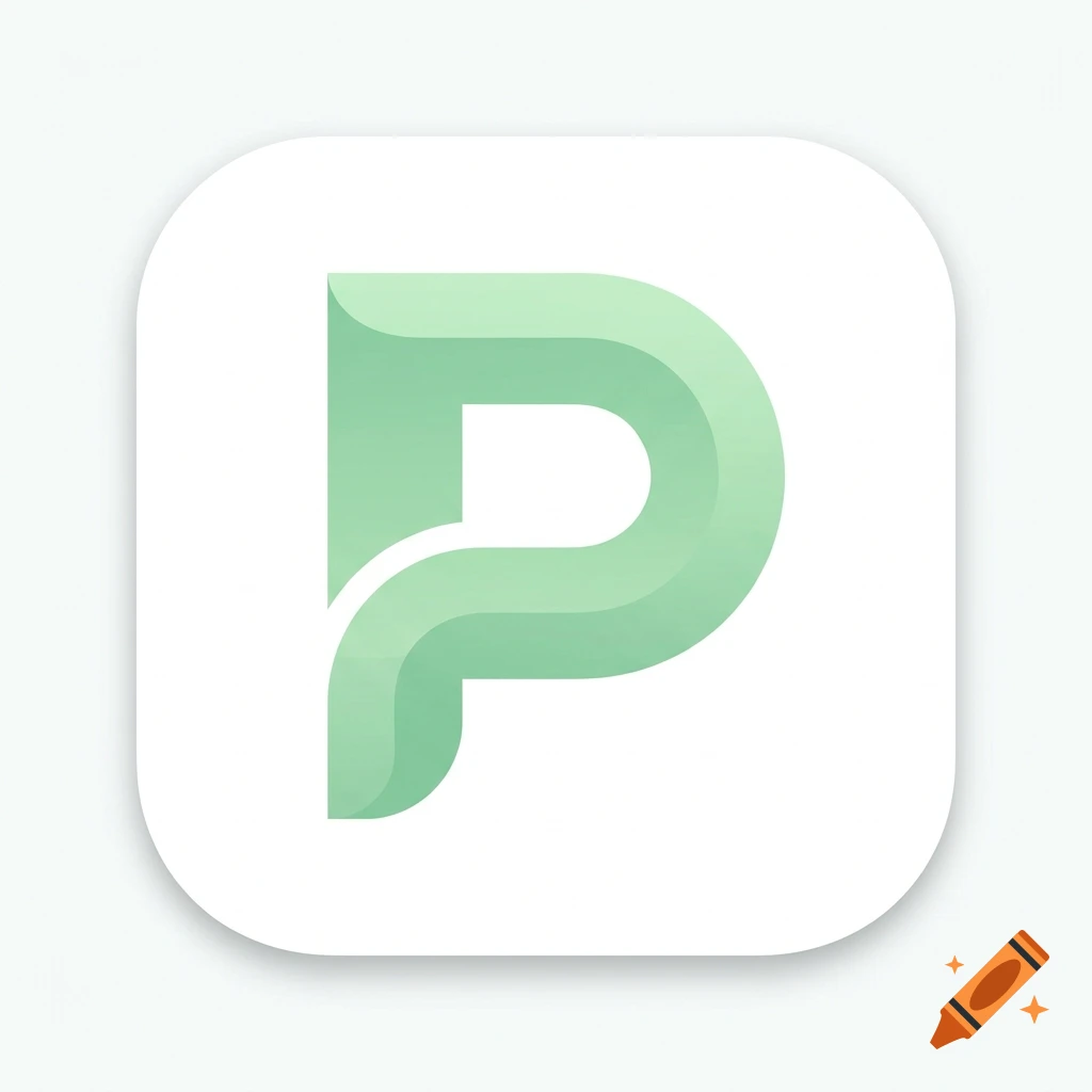 Stylized pastel green letter P app logo on a white rounded square background