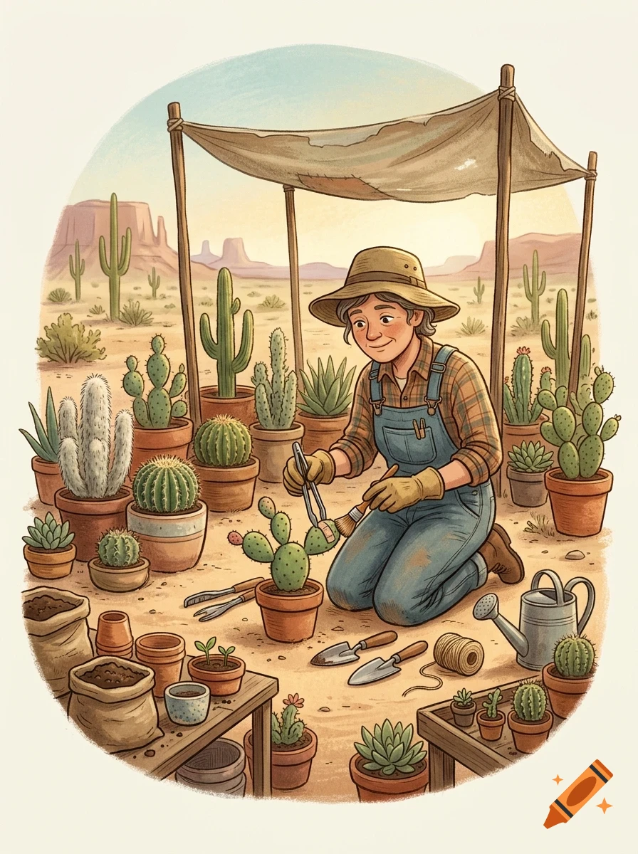 A person in a hat and overalls kneels outdoors, tending to potted cacti under a sunshade with a desert landscape in the background.