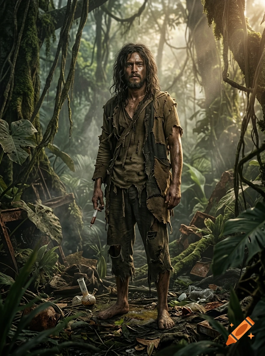 Photorealistic depiction of a disheveled man in tattered clothes holding a syringe in a lush tropical jungle.