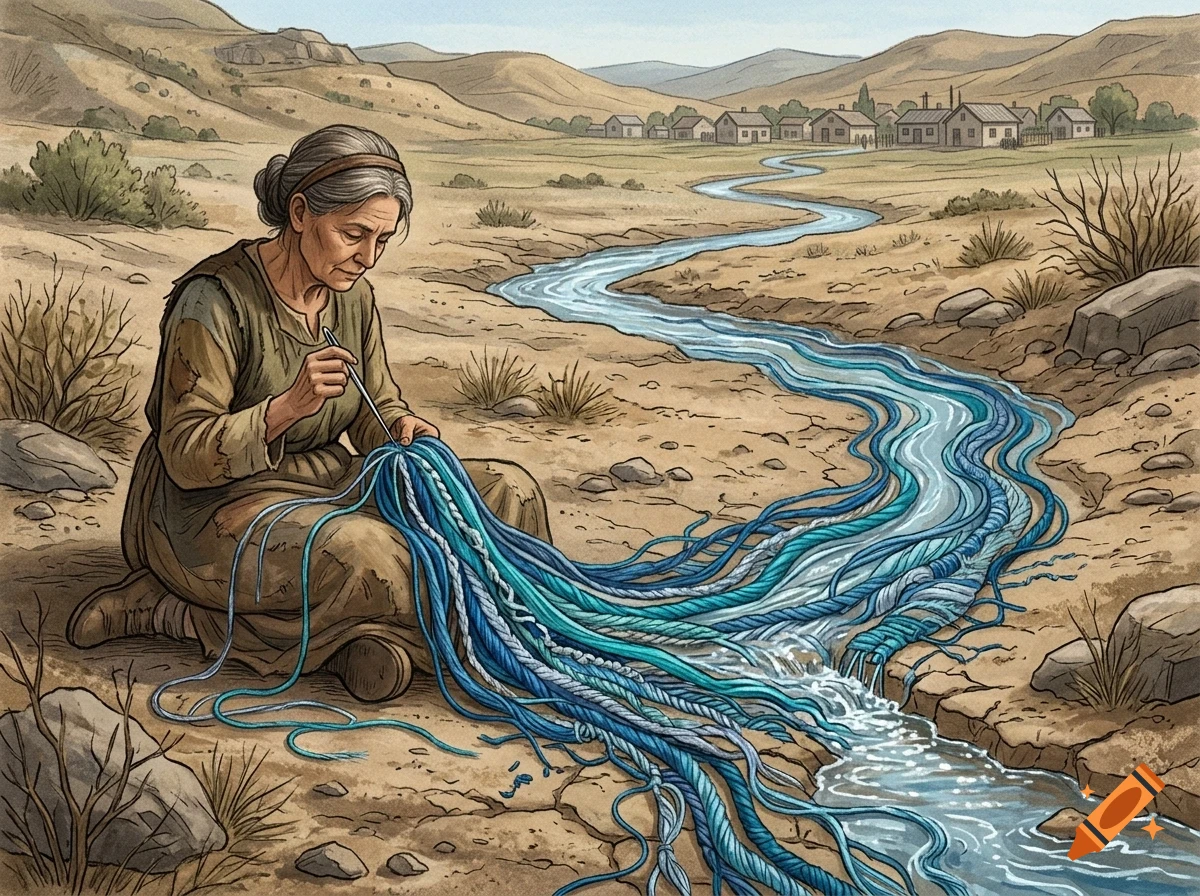 An elderly woman sits by a dry riverbed, sewing together blue threads that flow into a winding river leading to a distant village.