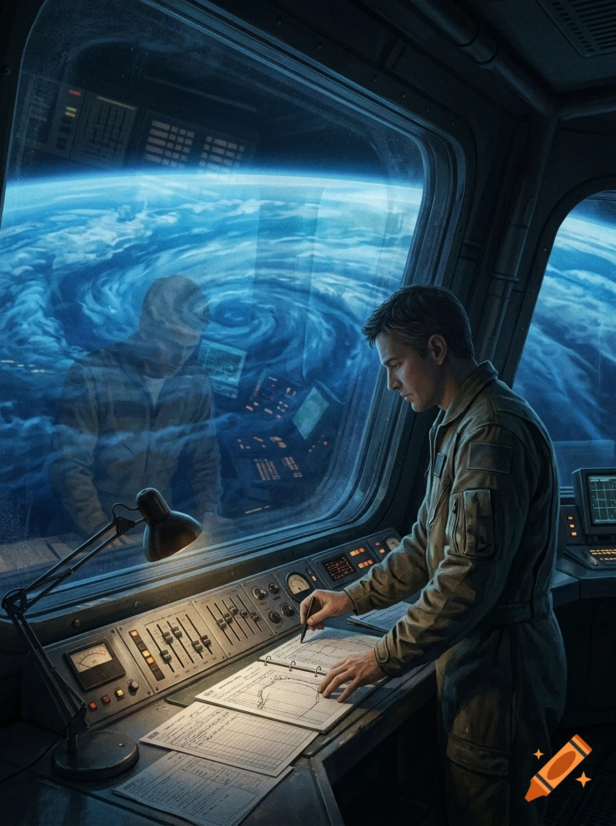 An astronaut in a flight suit stands at a control console inside a spacecraft, reviewing documents with Earth visible through the large window.