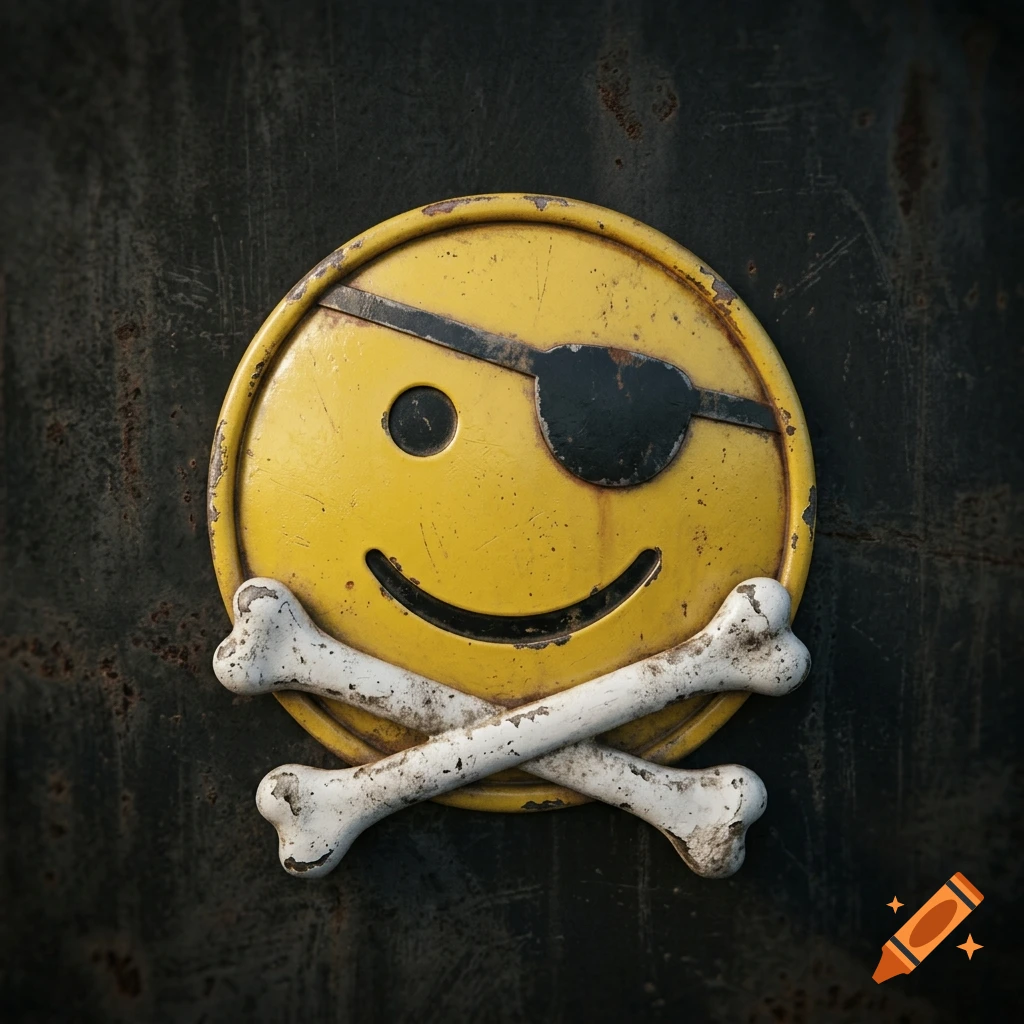 A rusty yellow smiley face with an eyepatch and crossbones on a dark textured metal background.