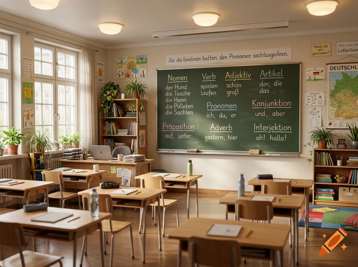 Cozy classroom interior with wooden desks, chairs, and a large green chalkboard displaying German grammatical terms.