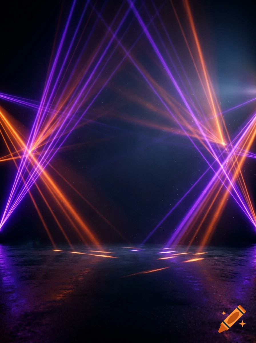 Purple and orange laser beams shining through a dark, hazy space onto a dark reflective surface.