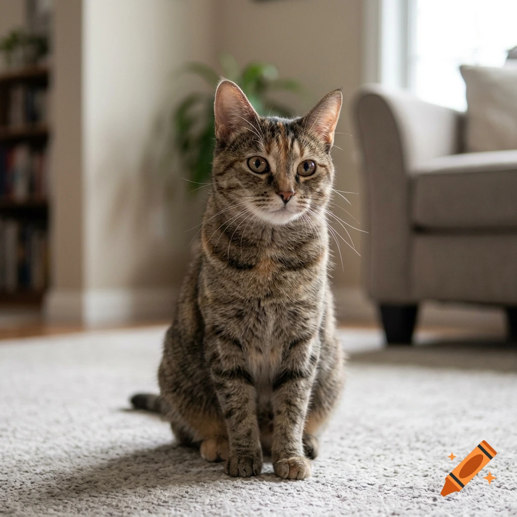 A photorealistic tabby cat sitting on a grey carpeted floor in a living room.