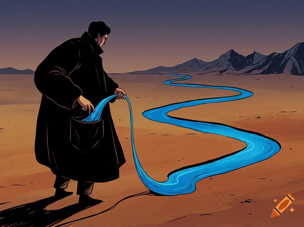 An illustration of a person in a dark coat pulling a winding blue river out of their pocket across a desert landscape towards distant mountains.