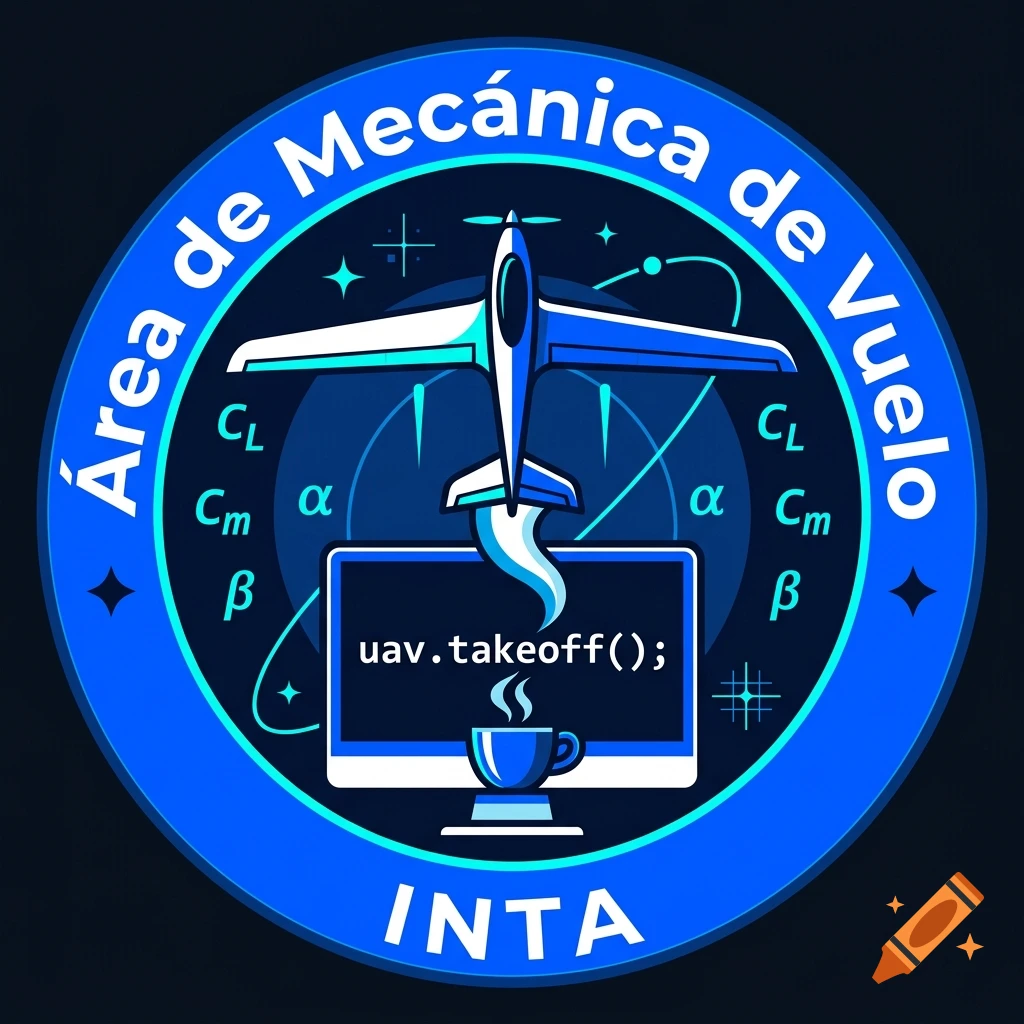 Round mission patch with blue border reading Área de Mecánica de Vuelo and INTA, featuring a computer, coffee, and UAV graphic.