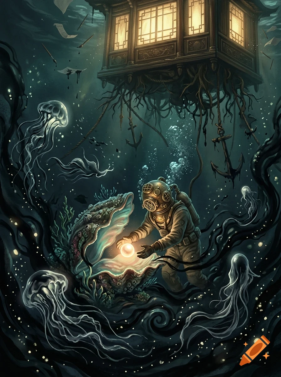 A deep-sea diver in a vintage diving suit gently holds a glowing pearl inside a large open oyster, surrounded by jellyfish and a submerged structure.