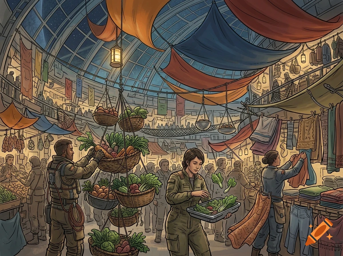 An indoor market bustling with people shopping for vegetables, fabrics, and goods under a large domed glass ceiling.