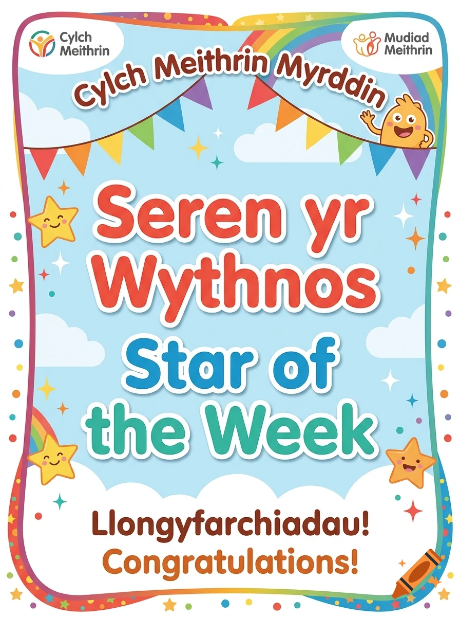 Bilingual children's poster for Cylch Meithrin Myrddin featuring 'Star of the Week' text, stars, and colorful banners.