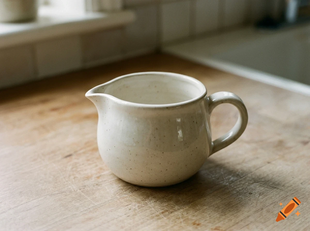 A cream-colored ceramic creamer pitcher with speckles sitting on a wooden countertop.