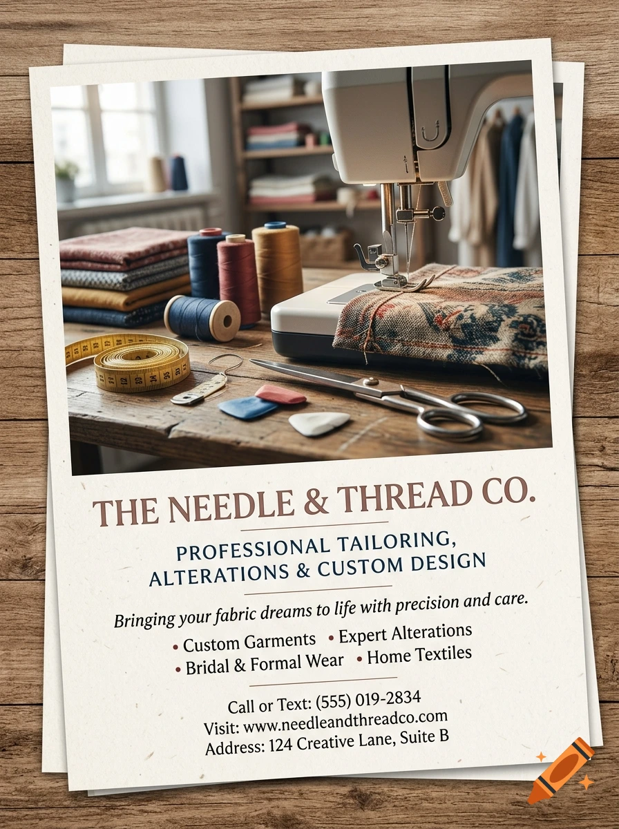 Flyer for a sewing business featuring a sewing machine, fabrics, and measuring tape on a wooden table.