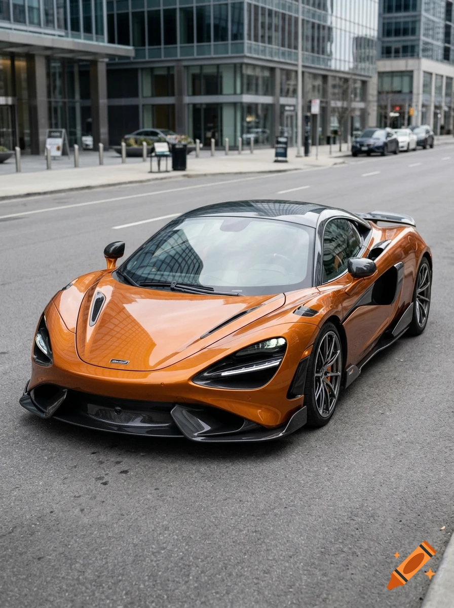 Photorealistic shot of a modern orange and black McLaren supercar parked on a city street.