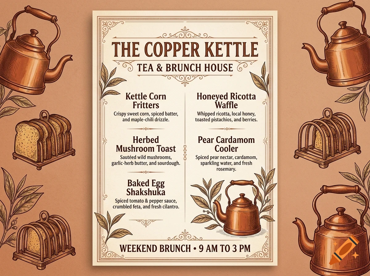 A vintage-style brunch menu for 'The Copper Kettle Tea & Brunch House' featuring copper kettles, toast racks, and tea leaves.