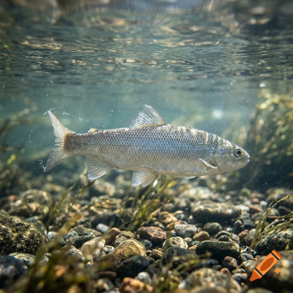 Photorealistic underwater shot of a single fish swimming over a rocky riverbed.