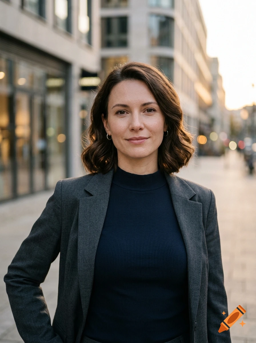 Photorealistic portrait of a woman with short brown hair wearing a dark blazer and sweater in an urban setting.
