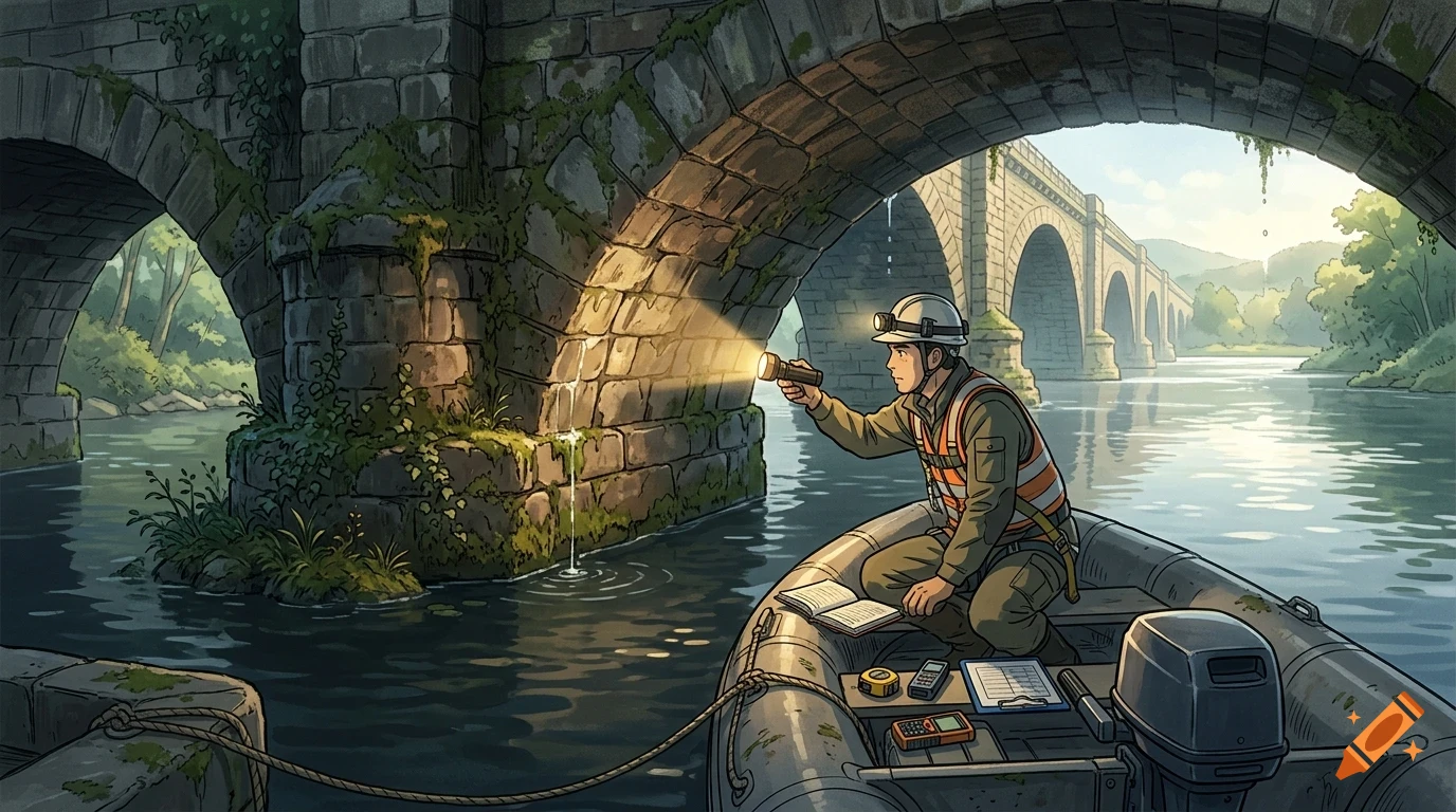 An inspector in a boat shines a flashlight on a stone bridge pillar over a river.