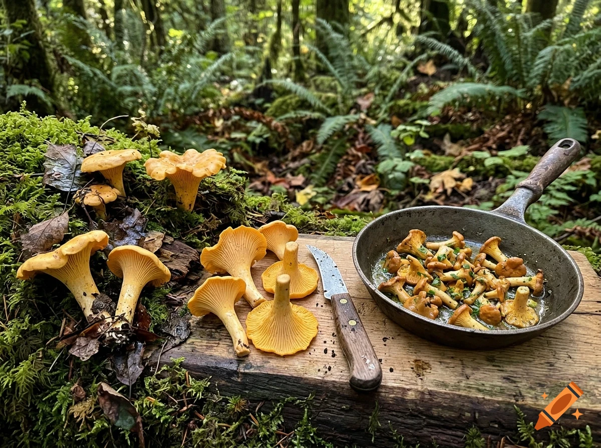 Chanterelle mushrooms on mossy ground next to a wooden cutting board with a knife and a frying pan containing cooked mushrooms.